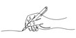 © Gerish - Line drawing hand pen writing art design sketch illustration minimal ink, Continuous line art drawing of a human hand holding a pen creating a wavy stroke. Vector, Continuous one line pen hand pencil.