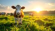 © EBG Stock Studio - Vaca pastando al amanecer en un prado verde con luz dorada y paisaje rural tranquilo