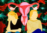 Ilustracja dwie kobiety obok siebie grafika jajników symbolizująca menopauzę.