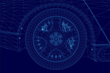  A detailed 3D wireframe model of a sport car steering wheel sits centered on a blue background. Its intricate lines and realistic shapes create a modern technical visualization.