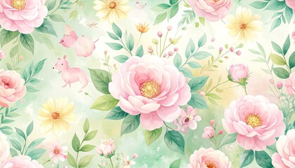  a floral pattern featuring pink flowers and green leaves