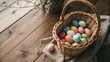 © EmmiY - Wicker Basket with Colorful Easter Eggs on Wooden Table - 1