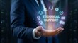 © CuteBee - a businessman in a suit presenting glowing icons representing technical support assistance and digital solutions with servers in the blurred background high quality