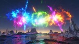 Vivid Cosmic Fireworks Exploding Over an Alien Landscape with Reflective Waters