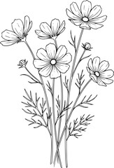  Simple black and white line drawing of daisies with leaves.