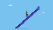 © Saklarboy - Confidence businesswoman take small step walking up staircase with arrow pointing up. Career success for woman or female leadership, goal achievement and business challenge or gender equality.