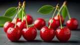 Fresh cherries with leaves on a dark wooden surface.