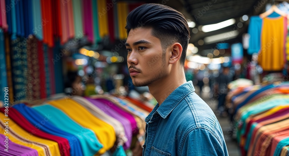 Colorful casual serious side view on lively street market fabric stalls background filipino asian man portrait fashion style concept photoshoot for banner