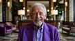 © sevenSkies - purple retro happy on vintage hotel lobby background old elderly man portrait fashion style concept photoshoot for banner