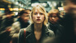 © Olshanetskaia - Woman standing still in busy train station with motion blur of rushing travelers, long exposure photography