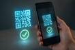 © tonstock - Qr code verification checkmark smartphone scan hologram A close-up a hand holding a phone scanning a glowing QR code hologram with green checkmark confirming secure verification
