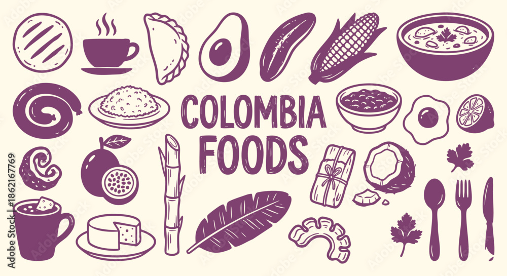 Colombia Icon Set. Colombian Food. A hand drawn vector collection of ...