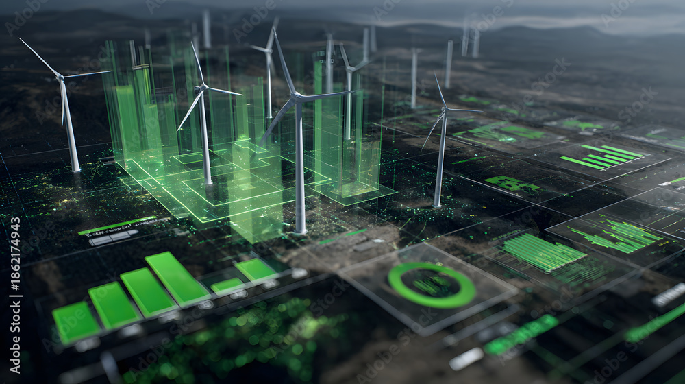 Green energy wind farm visualization with data overlays showing ...