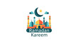 © mahameru - Ramadan Kareem festive illustration features a vibrant mosque under a crescent moon and star in a cloudy sky