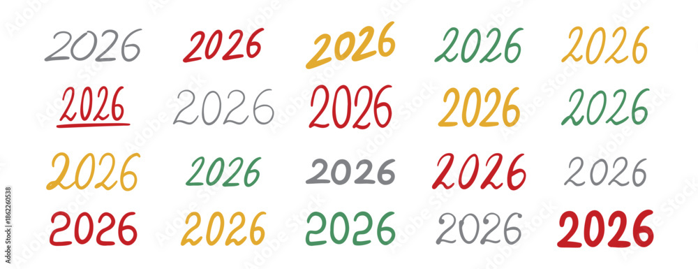 hand drawn doodle 2026 lettering text designs various styles and colors ...