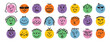 © Yanka - funny comic faces round abstract various emotions set. crayon drawing different colorful characters. cartoon flat design.