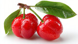 Fresh red cherries with leaves, Ripe sweet cherries bunch