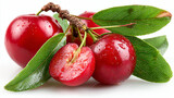 Fresh cherries with green leaves, Ripe red cherries fruit