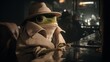 © Cash Cow Concepts - A cheerful frog detective wearing a trench coat, expressive design, playful cinematic scene, moody lighting
