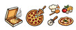 © stocker777 - Collection of cartoon pizza illustrations featuring pepperoni and margherita pies, a delivery box, chef hat, cutter, and fresh ingredients like tomato, cheese, and mushroom in a vibrant comic style