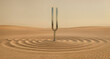 © Daniel L - A vibrating tuning fork in the middle of a desert, creating natural circular patterns in the sand. Graphic resource. The physics of sound waves. Vibrations and rhythms in nature.