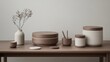 © Robani - Wooden and ceramic containers on a wooden table, minimalist aesthetic
