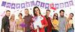 © New Africa - Birthday girl holding unicorn-shaped pinata among her family and friends on white background. Surprise party