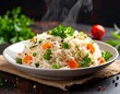 © Aiya - Steaming white rice dish with colorful vegetables and garnish