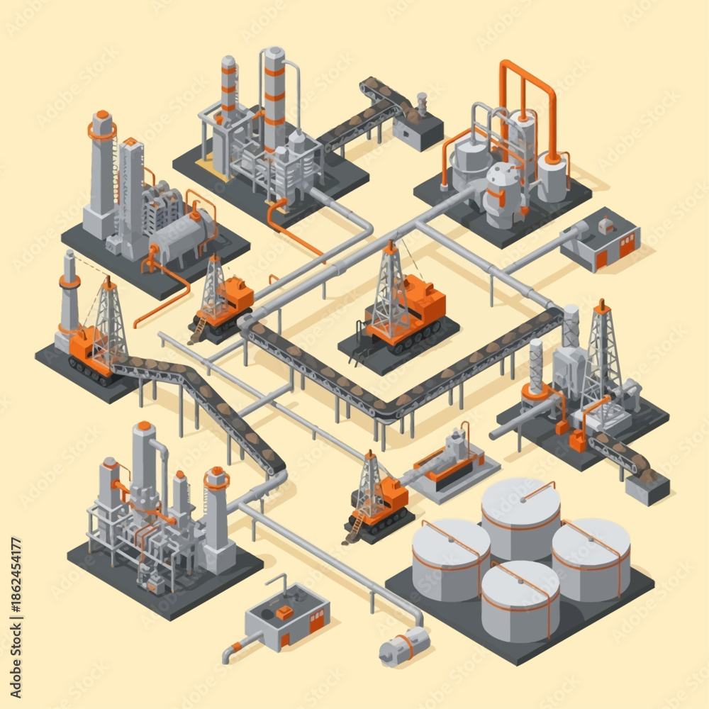 Isometric illustration of an extensive industrial complex featuring oil ...