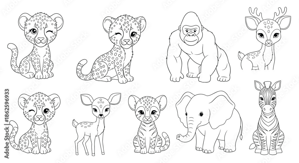 Fun coloring page for kids featuring a collection of adorable baby wild animals like a leopard, lion, zebra, deer, and baby elephant.