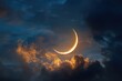 © Ifti Digital - Crescent moon illuminates dark blue dusk sky with clouds during evening hours in a serene setting