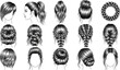 © Hosneara - Hand drawn vector illustration set of elegant women's hairstyles including complex braids, crown braids, messy buns, ponytails, and bridal updos in detailed black ink sketch style.