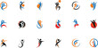 © Hosneara - Collection of abstract human figure logos representing community success health and teamwork in dynamic motion poses isolated on white background for branding.