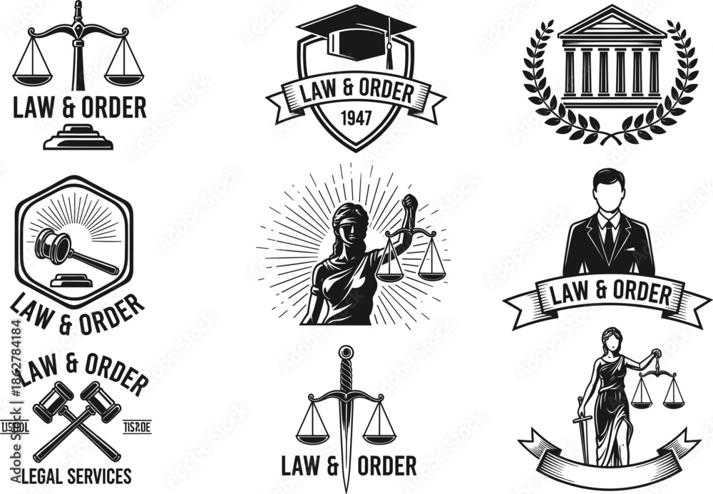 Vintage vector emblem set for law and order featuring lady justice ...
