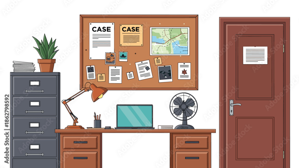 Interior of a detective's office with a desk, laptop, case files, and a ...