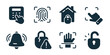 © stas111 - Security systems excellent icon collection. Keypad access, fingerprint scan, home security lock, gesture control, alert bell, broken lock warning, biometric hand scan, unlocked access