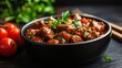 © svastix - A mouthwatering bowl of beef stew, richly colored with fresh vegetables and herbs, represents comfort food, warmth, and nourishment, inviting us to share a meal with loved ones.