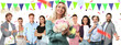 © New Africa - Birthday girl holding flowers among her family and friends on white background. Surprise party with confetti and bunting flags