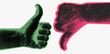 © Anatoliy - Thumbs up and thumbs down flat hand icons with halftone texture. Like, dislike symbols set, approval and rejection gestures. Vector illustration isolated for web, app UI, social media, feedback design