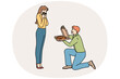 © Dzianis Vasilyeu - Man gives pizza to beloved, standing on knee and delighting girlfriend with fresh food from italian restaurant. Cheerful boyfriend proposes marriage to girl, with pizza instead of wedding ring