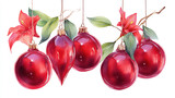 Festive watercolor Christmas arrangement illustration, vibrant red ornaments and amaryllis flowers with green leaves on white background, elegant holiday decor.