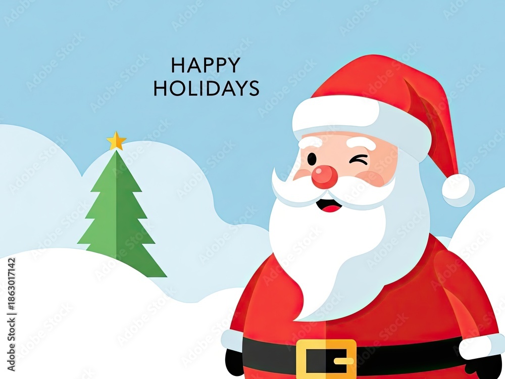 A cheerful cartoon santa claus in a snowy landscape with a christmas tree and 'happy holidays' text with festive and seasonal and greeting and winter