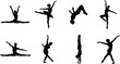 © Mst - Dynamic dancer silhouettes set performing splits, jumps, flips, and balances, expressive contemporary dance movement illustration isolated on white backgroundWeb