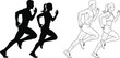 © Galib - Detailed vector illustrations of male and female runners in sprinting poses featuring both black silhouettes and line art for fitness and athletic concepts