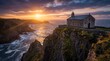 © peacefy - A solitary chapel rests serenely atop a rugged cliff, bathed in the radiant hues of a breathtaking sunset, with the vast ocean stretching out towards the horizon.