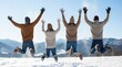 © lunarts_studio - Group of happy friends jumping for joy in the snow on a winter mountain vacation.