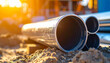 © hardvicore - New silver metal pipes stacked on sand at construction site, industrial background slightly blurred