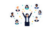 © Rana - Empowered woman leader standing with arms raised connected to a diverse network of professional people in circular frames.