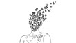 © PNG Stock world  - Surreal line art illustration of a human figure with a head dissolving into a swarm of flying butterflies, symbolizing mental freedom and transformation.