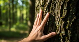 A man's hand touches a tree trunk in nature. Connection with the surrounding nature. Concept of environmental protection and sustainable development. Earth Day.